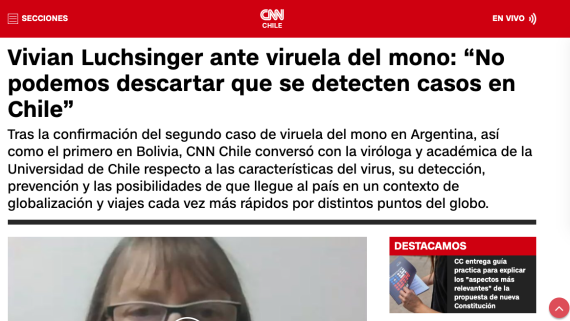 Entrevista a Dra. Vivian Luchsinger en CNN Chile online sobre eventual llegada a Chile de viruela del mono.